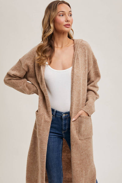 HOODIE OPEN FRONT CARDIGAN: OATMEAL