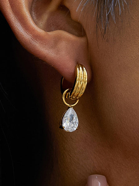 Saffron 18K Gold Non-Tarnish Teardrop CZ Mismatch Earrings: Green