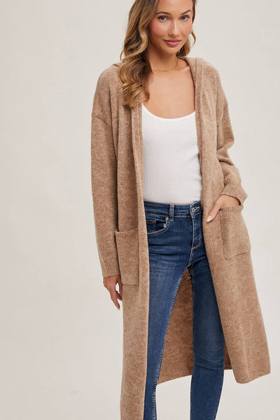 HOODIE OPEN FRONT CARDIGAN: OATMEAL