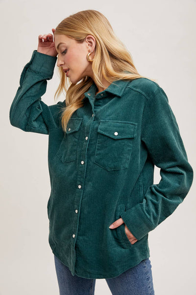 CORDUROY BUTTON DOWN SHACKET WITH POCKETS: PEACOCK