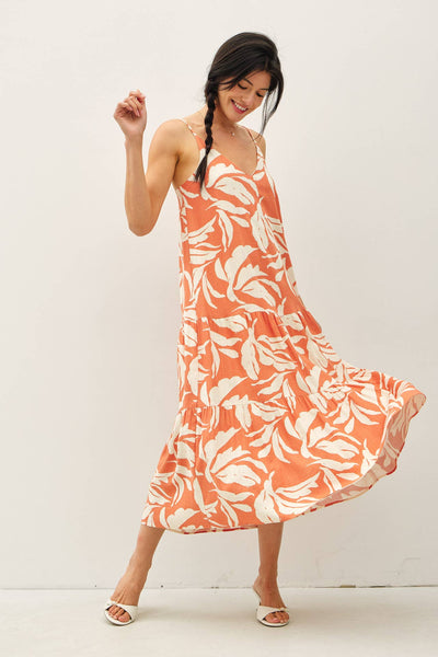 TROPICAL PRINTED MIDI DRESS W/ TIERED SKIRT: CORAL / M