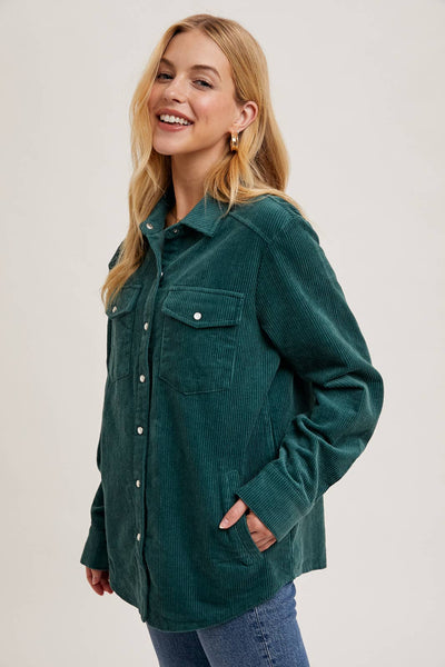 CORDUROY BUTTON DOWN SHACKET WITH POCKETS: PEACOCK