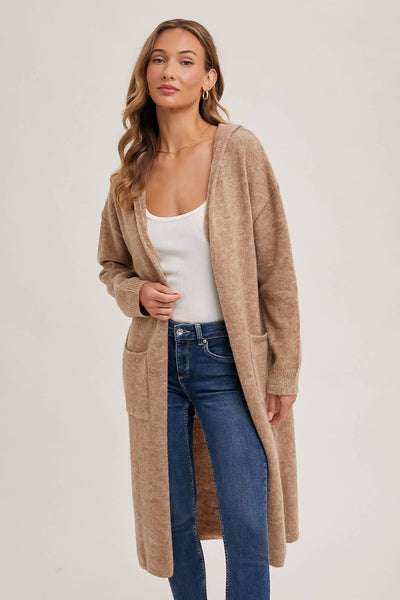 HOODIE OPEN FRONT CARDIGAN: OATMEAL