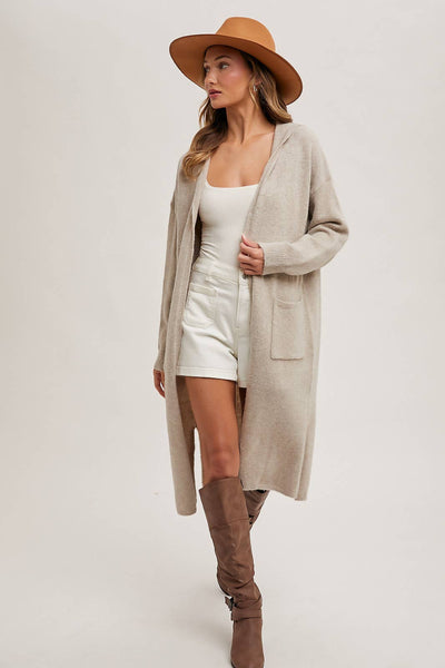 HOODIE OPEN FRONT CARDIGAN: OATMEAL