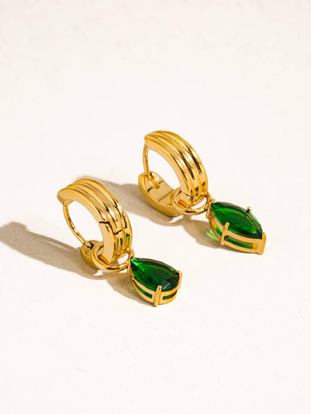Saffron 18K Gold Non-Tarnish Teardrop CZ Mismatch Earrings: Green