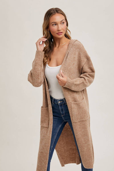 HOODIE OPEN FRONT CARDIGAN: OATMEAL