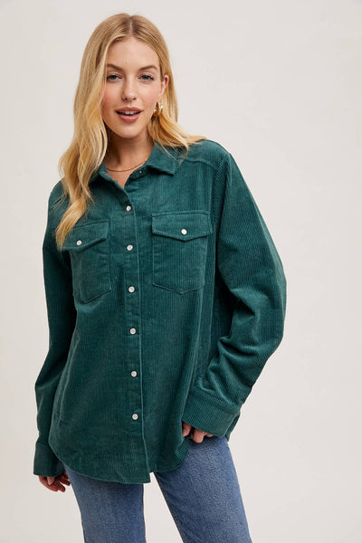 CORDUROY BUTTON DOWN SHACKET WITH POCKETS: PEACOCK