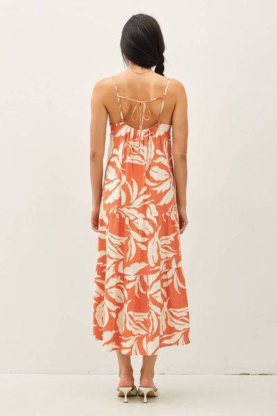 TROPICAL PRINTED MIDI DRESS W/ TIERED SKIRT: CORAL / M