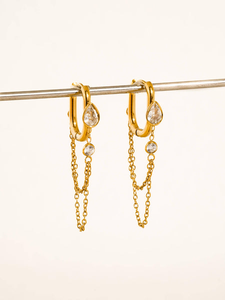 Lucienne 18K Gold Non-Tarnish CZ Chain Link Drop Earrings: Yellow Gold