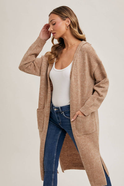 HOODIE OPEN FRONT CARDIGAN: OATMEAL