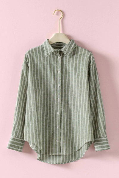 Striped Linen Blend Button Up Shirt - Green