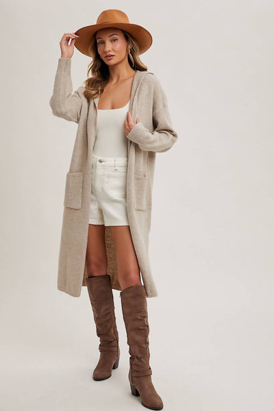 HOODIE OPEN FRONT CARDIGAN: OATMEAL