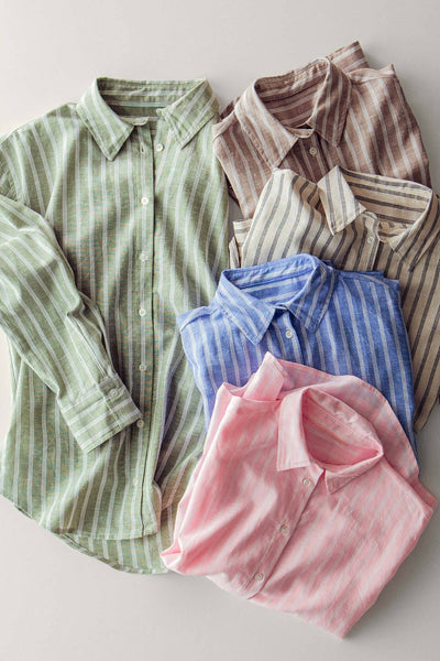 Striped Linen Blend Button Up Shirt - Green