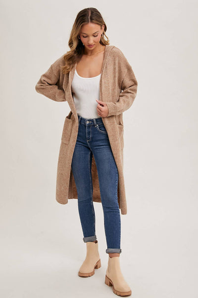 HOODIE OPEN FRONT CARDIGAN: OATMEAL