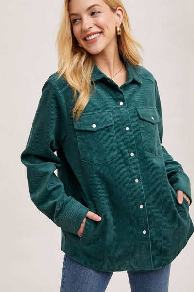 CORDUROY BUTTON DOWN SHACKET WITH POCKETS: PEACOCK