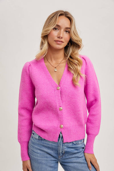 BUTTON DOWN V-NECK CARDIGAN: HOT PINK